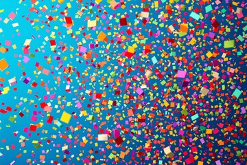 Poster - Colorful confetti squares floating on vibrant blue background symbolizing celebration and joy.