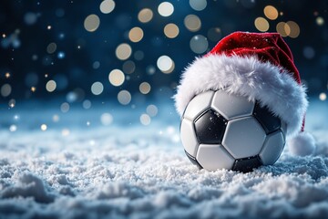 Poster - Soccer ball wearing Santa hat on snowy ground with festive bokeh lights in background.