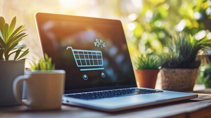 Poster - Open laptop displaying shopping cart icon symbolizing online shopping and e commerce, with plants and a coffee mug nearby, creating a relaxed and convenient online shopping experience