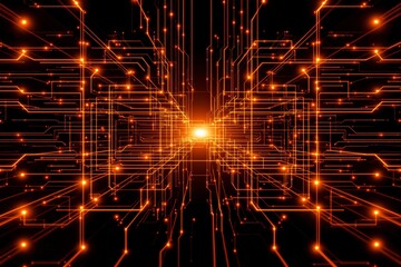 Aufkleber - Abstract glowing orange circuit lines stretching into the distance, forming a futuristic tunnel on a dark background.