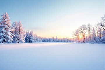 Poster - Winter forest landscape with snow-covered trees and sunrise background.