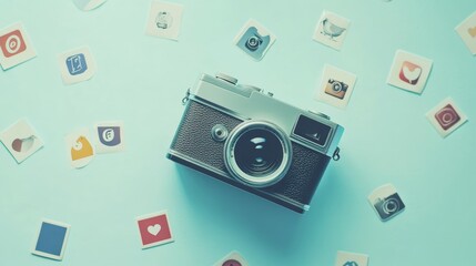 Aufkleber - Vintage camera surrounded by social media icons on light blue surface, blending traditional photography with digital sharing