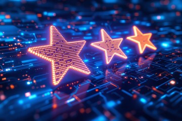 Aufkleber - Glowing digital stars on futuristic circuit board background, representing technology and ratings concept.