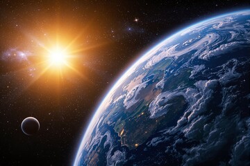 Poster - Stunning view of Earth from space with the bright sun and starry galaxy background.