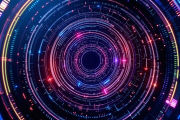 Poster - Futuristic circular digital interface with vibrant neon lights on dark background.