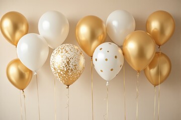 Poster - Gold and white balloons on beige background for celebration or festive events.