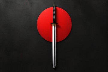 Poster - Katana sword on red circle against black background, symbolizing Japanese culture, tradition, and martial arts.