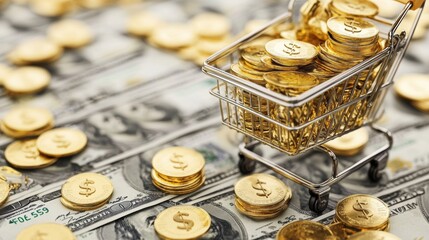 Wall Mural - Shopping cart full of gold coins on dollar bills business concept financial environment