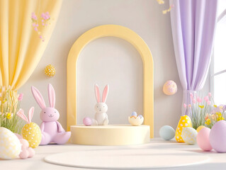 Image of a vibrant, Easter-themed scene with a pastel-colored archway adorned with flowers or garlands Two plush toy rabbits sit on a pedestal inside the archway, surrounded by co - Generative AI