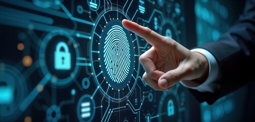 Poster - Businessman touches futuristic fingerprint id interface for personal data access. Tech person verifies personal info with biometrics. Cyber security concept. Secure transaction using digital id.