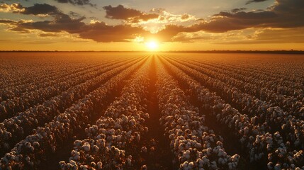 Wall Mural - Vast cotton field at sunset, rows of plants stretching to horizon.