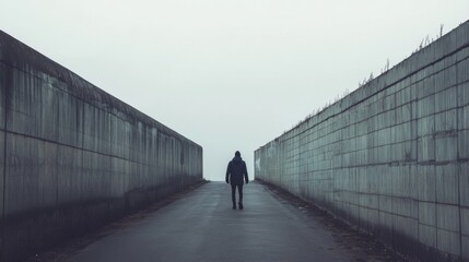 Wall Mural - solitary figure walking down a long, grey path between high concrete walls on a foggy day.