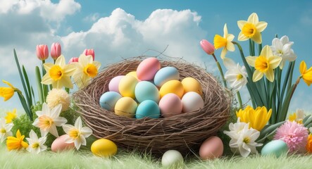 Wall Mural - Nest filled with colorful eggs surrounded by bright flowers in a serene meadow during springtime