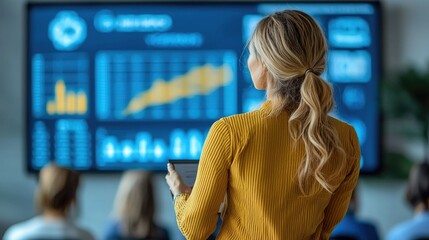 Poster - Woman reviewing data on large screen in meeting.