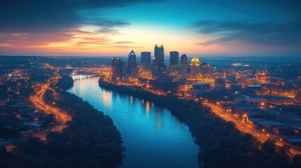 Canvas Print - Sunrise cityscape over river.