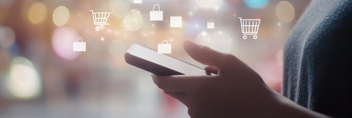 Poster - Woman is holding a smartphone, browsing an online store with virtual shopping cart and bag icons floating above, representing the concept of e commerce and online payment