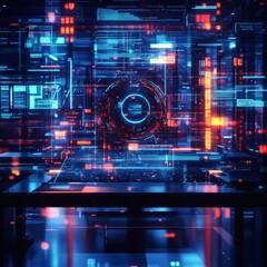 Aufkleber - Futuristic Digital Workspace With Vibrant Data Visuals and Interactive Interfaces During a High-Tech Development Session