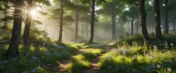 Lush green forest with sunlight filtering through trees, surrounded by wildflowers and foliage ,  environment,  scenery