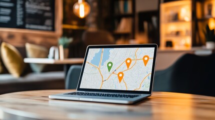 Poster - Open laptop displaying online map with marked locations sits on table in cozy cafe, suggesting planning of journey or exploration of nearby points of interest