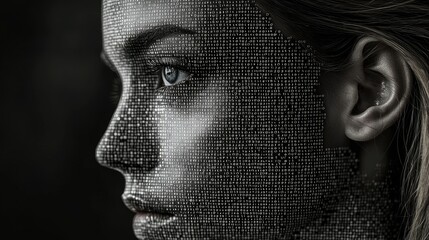 Poster - Woman's face digitally transformed into data code.