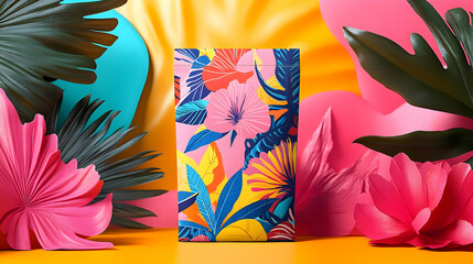 Poster - Vibrant floral print pouch mock-up against a colorful tropical background.