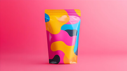 Poster - Colorful pouch bag mockup on pink background.  Abstract design, vibrant colors, stand-up packaging.