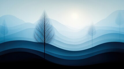 dreamy forestscape, soft blue forest illustration trees blend into horizon, glowing under strange light rippling like waves