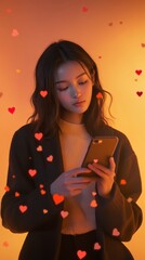 Aufkleber - Young woman is using a smartphone with heart emojis floating around her, conveying a sense of online affection and engagement with social media