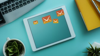 Poster - Modern workspace with email icons on a digital tablet, keyboard, notepad, and plants on a turquoise desk