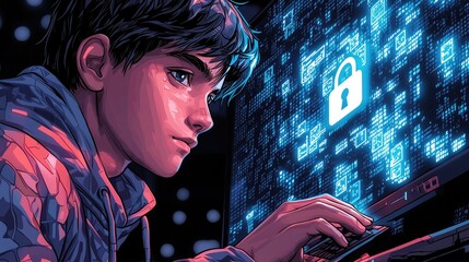 Fototapete - Young man intensely focused on computer screen displaying digital security lock.