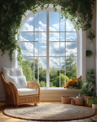 Wall Mural - Relaxing wicker chair by arched window with garden view.