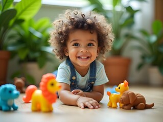 Sticker - A child with curly hair smiles brightly while playing on the floor with colorful toy animals among lush greenery, creating a lively and engaging play environment.