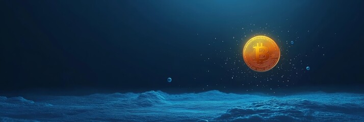 Poster - Golden bitcoin coin glowing over a blue planet like surface, symbolizing cryptocurrency investment, finance, and the future of digital currency