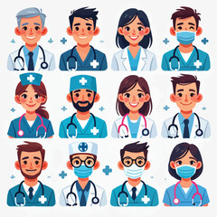 Set of smiling doctors, nurses and paramedics. Portraits of male and female medic workers in uniform with stethoscopes, masks and gloves. Flat cartoon vector illustration isolated on white background