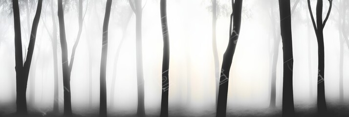 Poster - Mysterious black and white panorama capturing a foggy forest with tall trees vanishing into mist, evoking a serene and ethereal atmosphere perfect for nature themed projects