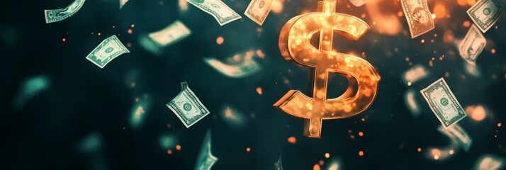 Aufkleber - Luminous golden dollar sign surrounded by falling dollar bills, representing financial concepts like investment, wealth, and economic activity