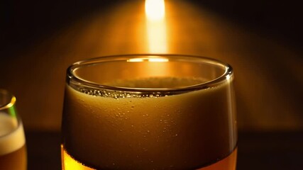 Wall Mural - glass of liquid is sitting on a table with a light shining on it. the light creates a shadow of the 