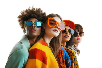 Poster - Stylish models showcase vibrant sunglasses in a creative display featuring diverse fashion choices against a white background