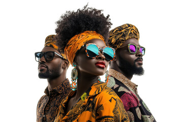 Poster - Stylish models showcase vibrant sunglasses in a creative display featuring diverse fashion choices against a white background