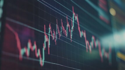 Poster - Red and teal candlestick chart fluctuating on a dark computer screen, representing cryptocurrency investment, financial markets and online trading activity