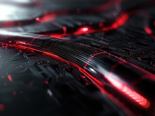 Poster - Dynamic technological abstract background with red circuitry digital environment macro viewpoint for modern design