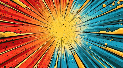 Poster - Abstract comic book style background with radial lines, orange and blue colors, and splatters.