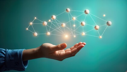 Poster - Hand holds digital network. Connected spheres float in air. Tech concept for unity team. Network connection in cyberspace. Digital group connected. Modern illustration. Teamwork in virtual space.