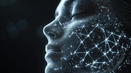 Poster - Abstract digital face profile, glowing particles and lines.