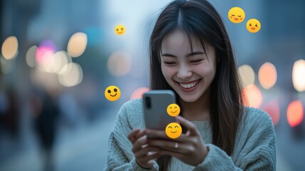 Aufkleber - Happy young asian woman is using a social media app on her phone, receiving positive reactions and smiling while standing in a city street at dusk