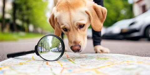 Poster - magnifying glass on dog on street map - lost and found pet tracking concept 