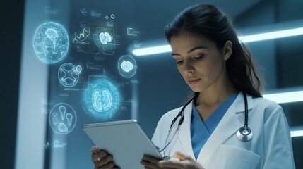 Poster - Female medical doctor using a tablet with a holographic interface displaying brain images and data analysis in a modern hospital, highlighting advanced healthcare technology