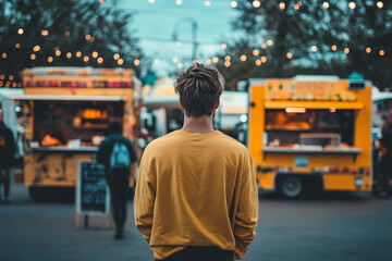 Young man in a yellow shirt exploring a vibrant food truck market