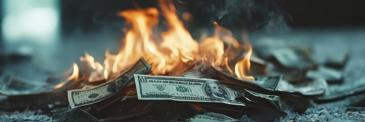 Aufkleber - Burning dollar bills symbolize financial crisis, loss, and risk in finance, showing the dangers of speculation and market instability