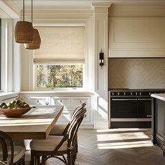 A kitchen in Modern Farmhouse located in King City Ontario styled with Parisian Haussmann interior straight view warm colors white walls floor in a herringbone pattern